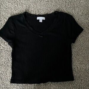 Top Shop Black Ribbed V-Neck T-Shirt